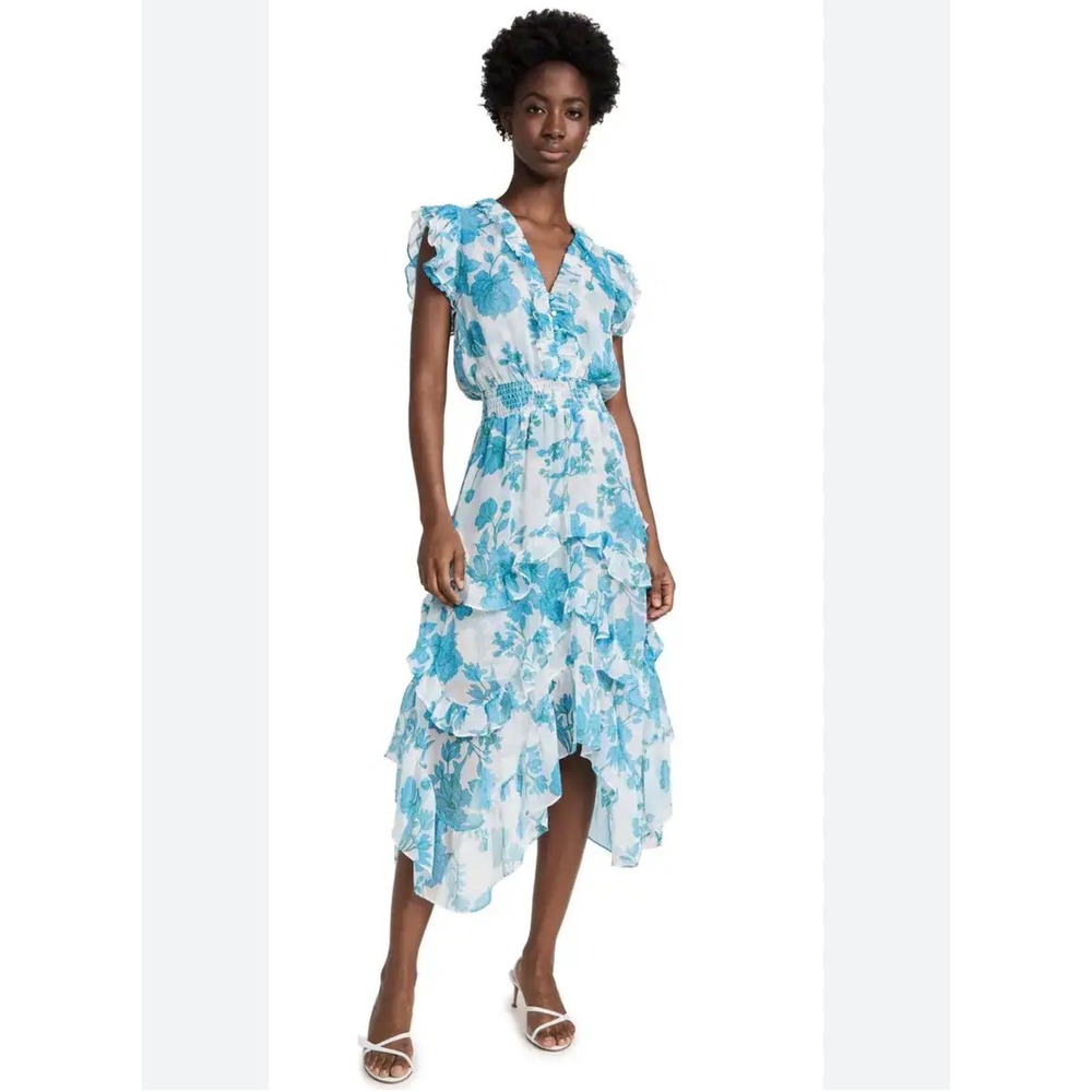 MISA Los Angeles Madi Dress Blue White Floral Ruffle High Low Midi Womens Size M